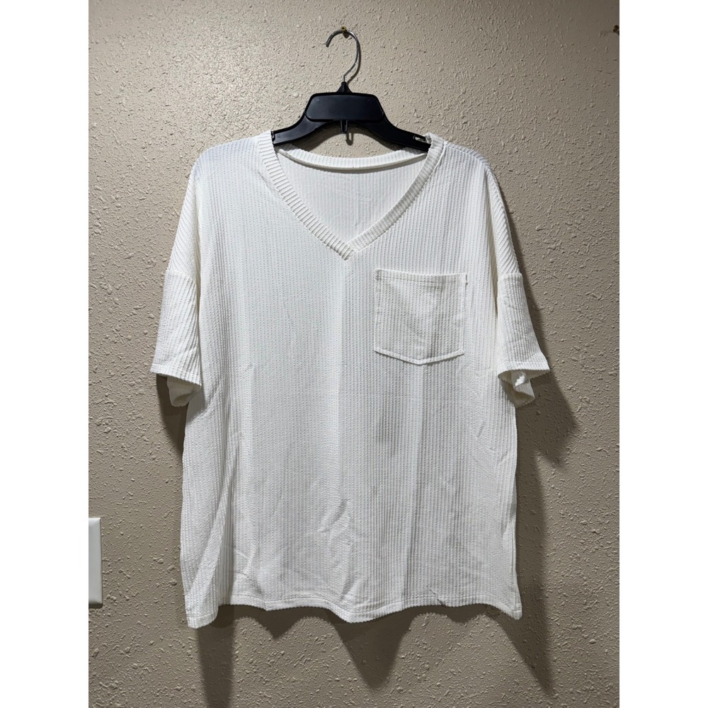 Waffle Knit V-Neck Short Sleeve Pocket Tee White Oversized Shirt Womens Medium‎